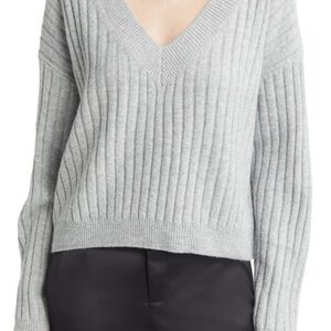 Gray V-Neck Ribbed Sweater
